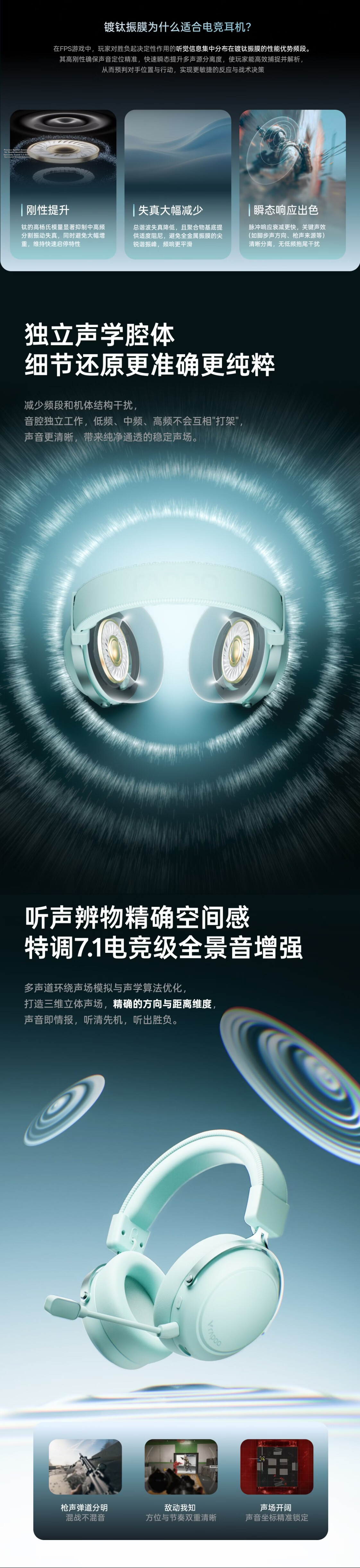 Rapoo VE3 Wireless Four-Mode Gaming Headset Over-Ear Delta Operation FPS Valorant Esports Chicken Dinner Positional Audio Multi-Device Compatible Mint Green 4