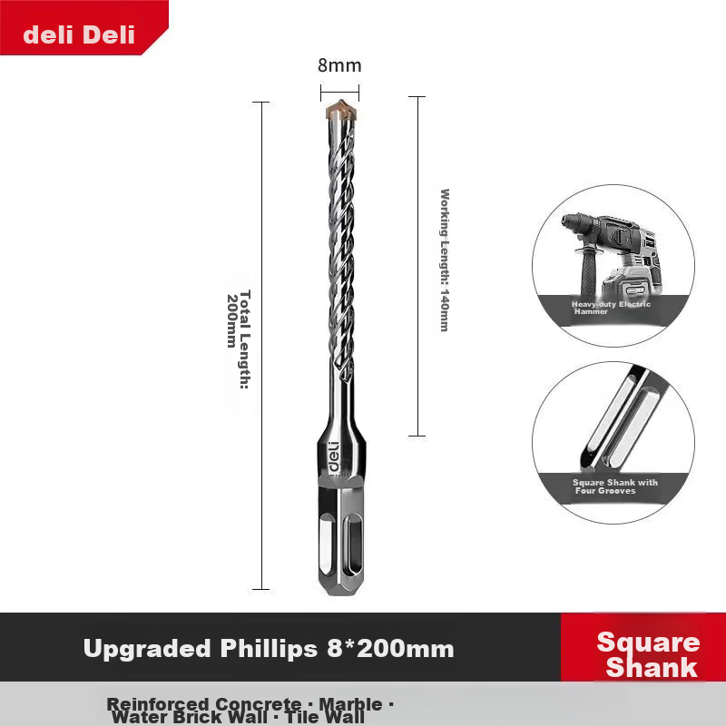 Deli Electric Hammer Impact Drill Bit for Drilling, Slotting in Cement Concrete, Cross Square Shank [8*200mm]