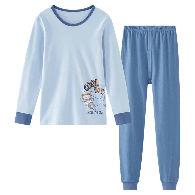 Hodo Children's Pure Cotton Underwear Set, Boys And Girls Autumn Clothes And Pants, Pajamas, Cotton Sweater Set, M1107, Light Blue, Size 150