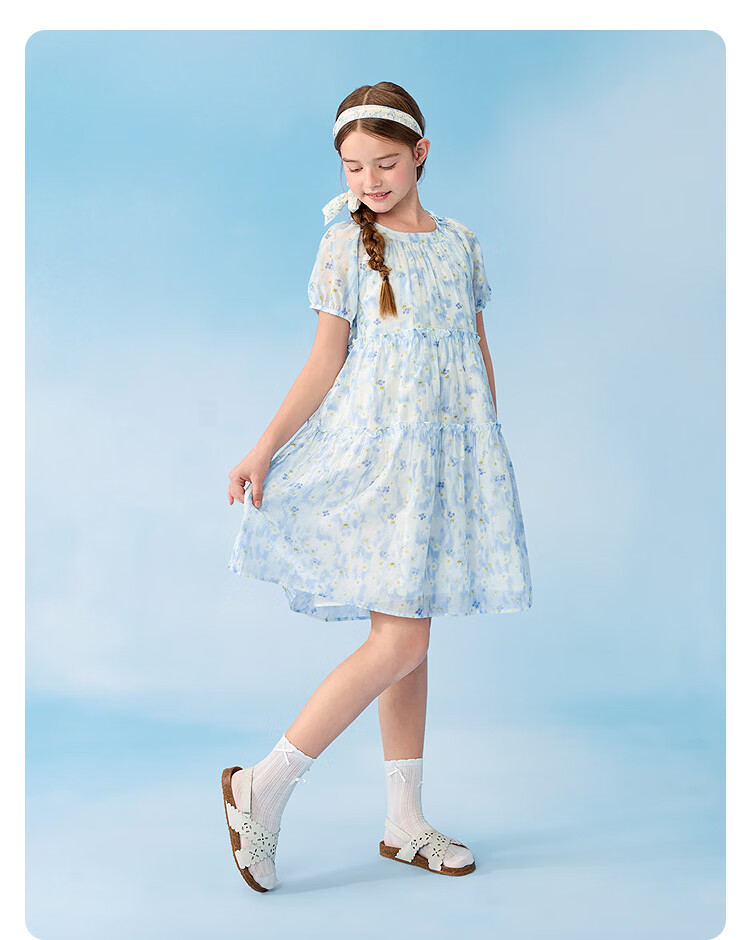 Balabala Kids Dress Girls' Dress 2026 Summer New Big Kids Puff Sleeve Princess A-line Sweet Dress 18