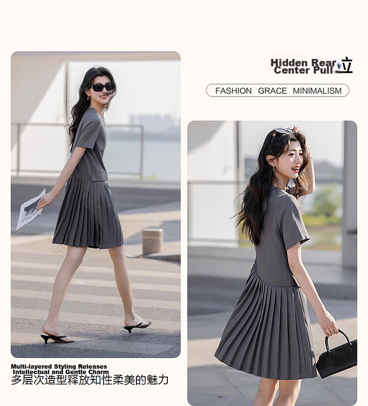 Demana [Private Style] Summer Round Neck Loose Waist Bag Cover Decorative Back Center Hidden Zipper A-Line Pleated Women's Dress 6