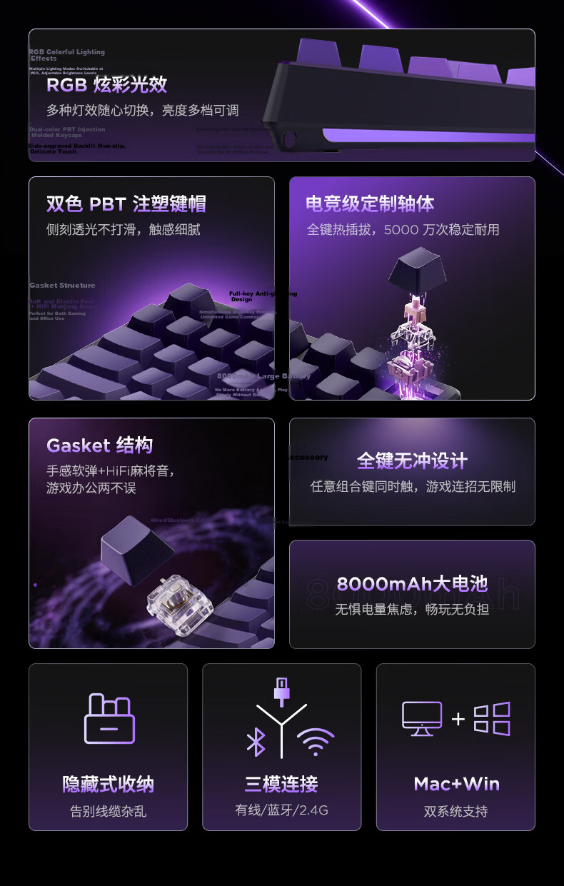 Lecoo Douzhan Customized Mechanical Keyboard Three-Mode Gaming Keyboard 99 Keys Hot-Swappable Full-Key E-sports Gaming Office Laptop iPad Universal GK101 Gradient Purple 2
