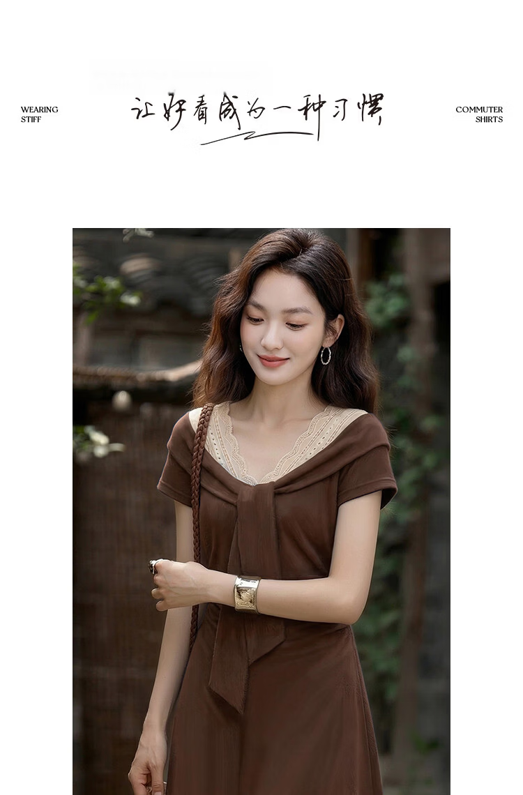 Demana [Seaside Holiday] Summer V-Neck Tie Lace Trim Ruffled Waist Slim Fit Dress for Petite Women 15
