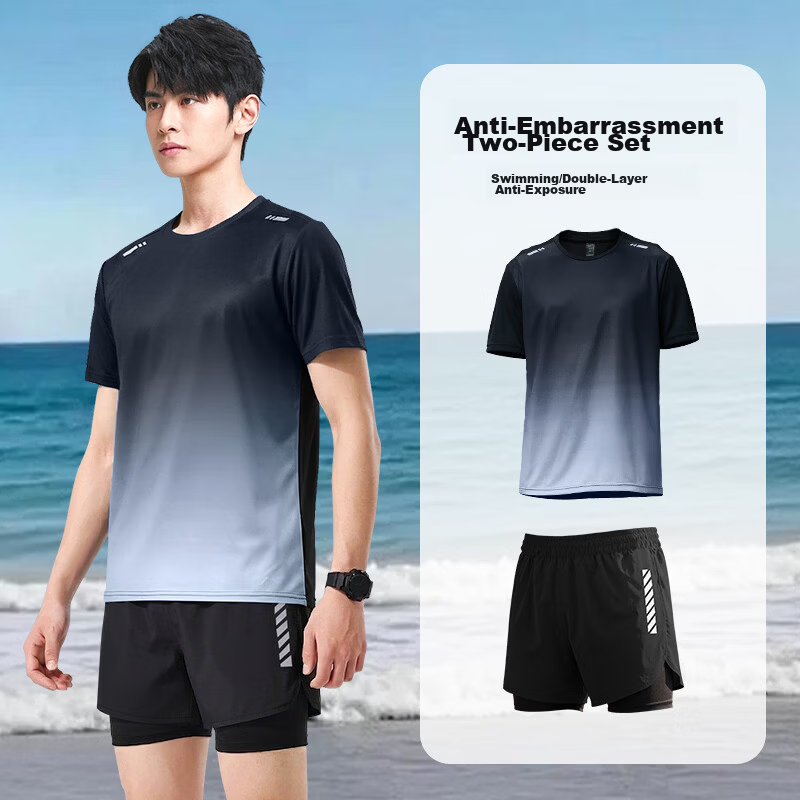 Buruit Men's Quick-Dry Swimming Set Large Size Double-Layer Swim Trunks Bathing Suit Anti-Embarrassment Square Leg Swimwear Spa