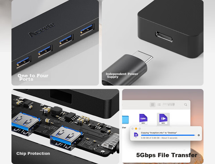 ACEELE USB 3.0 4-Port High-Speed Hub Type-C Power Delivery Splitter 1m Plug and Play Compatible with Apple/Huawei 3