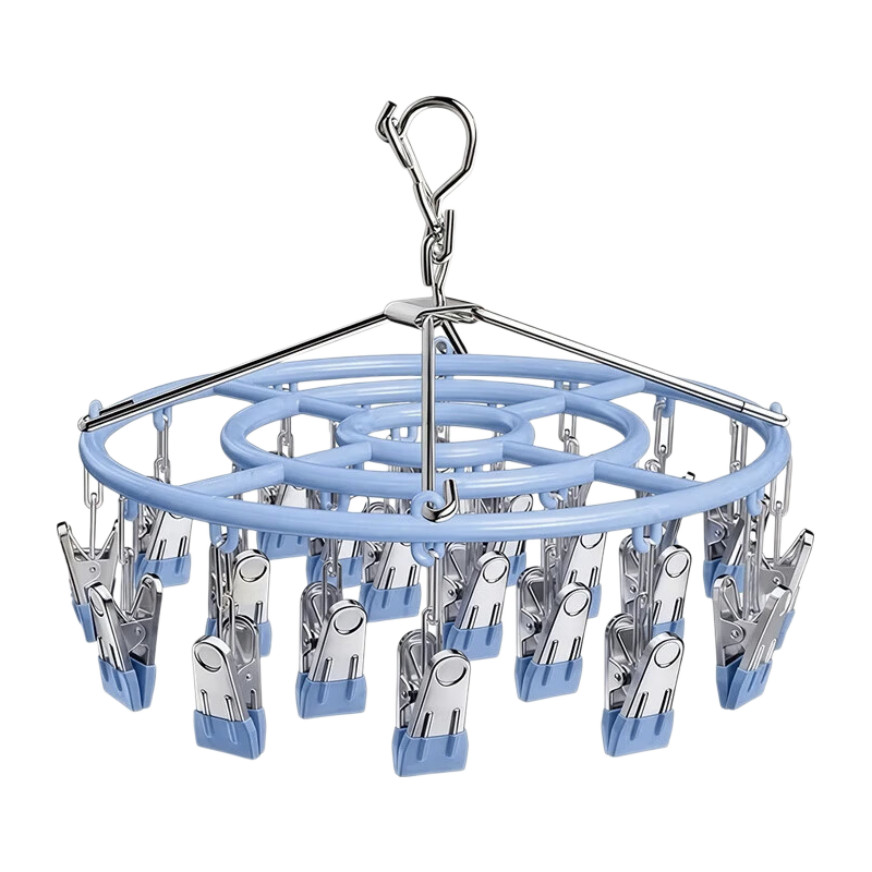 MENGTING Stainless Steel Sock Hanger, Multi-Clip Clothes Drying Rack for Home Use, Windproof Underwear Hanger, Blue, 24 Clips