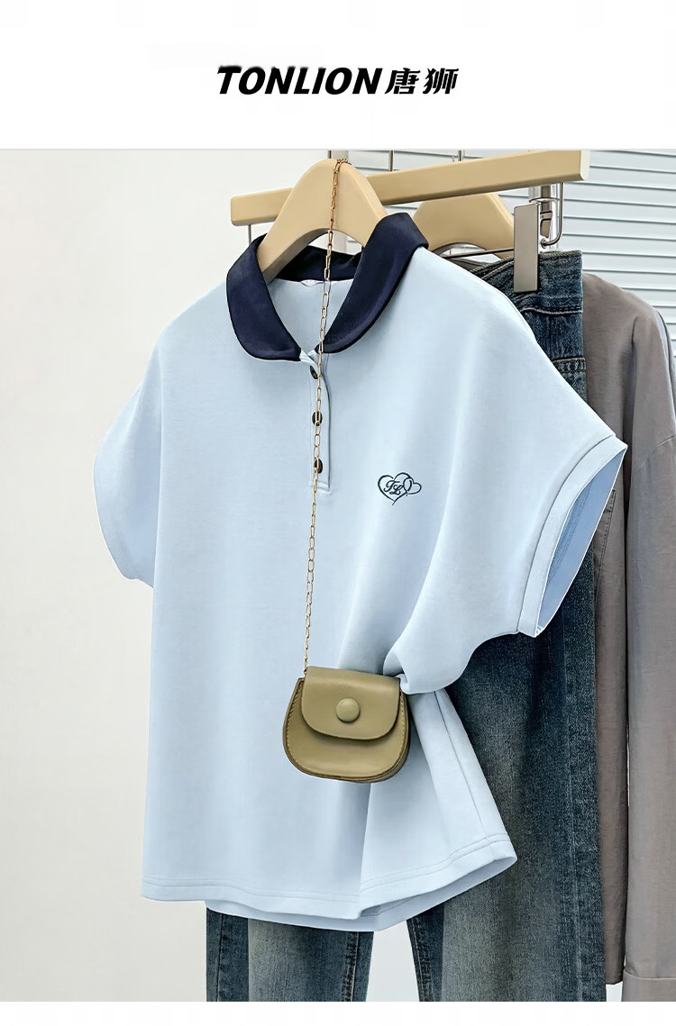 TonLion 2026 Summer Women's Patterned Polo Collar Short Sleeve T-Shirt Loose Casual Fashion Comfortable Versatile Simple Women's T-Shirt 1