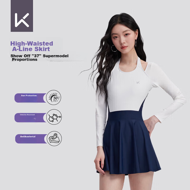 Keep Women's One-Piece Skirted Conservative Slimming Tummy Control Professional Training Swimsuit Blue and White Colorblock L