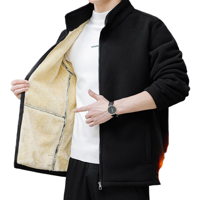 Dingfengbaoluo Men's Minimalist Fleece-Lined Winter Jacket, Warm Stand Collar Casual Coat BY19 Black 3XL