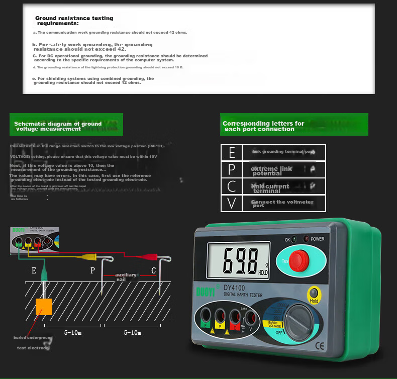 Duoyi DY4100 Digital Ground Resistance Tester High-Precision Electronic Earth Tester Outdoor Lightning Protection Ground Resistance Meter 12