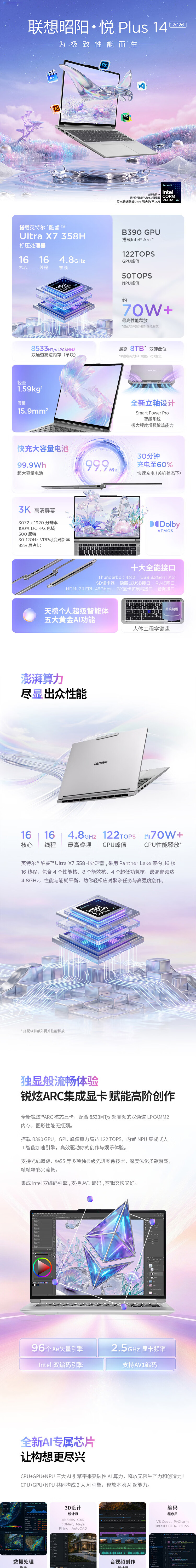 Lenovo Laptop Zhaoyang Yue Plus 14 3rd Gen Core Ultra X7 358H 32GB 1TB 3K Star White High Refresh Rate AI High-Performance Lightweight Office Notebook 1