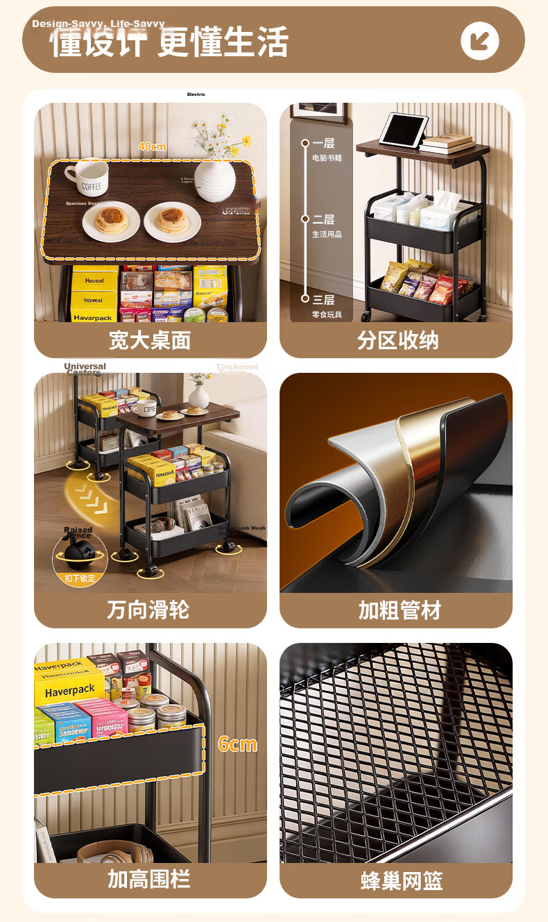 Xiaomo Mobile Tea Table Cart Sofa Side Table Bedside Storage Rack High Tea Table Living Room Snack Bedside Cabinet 3