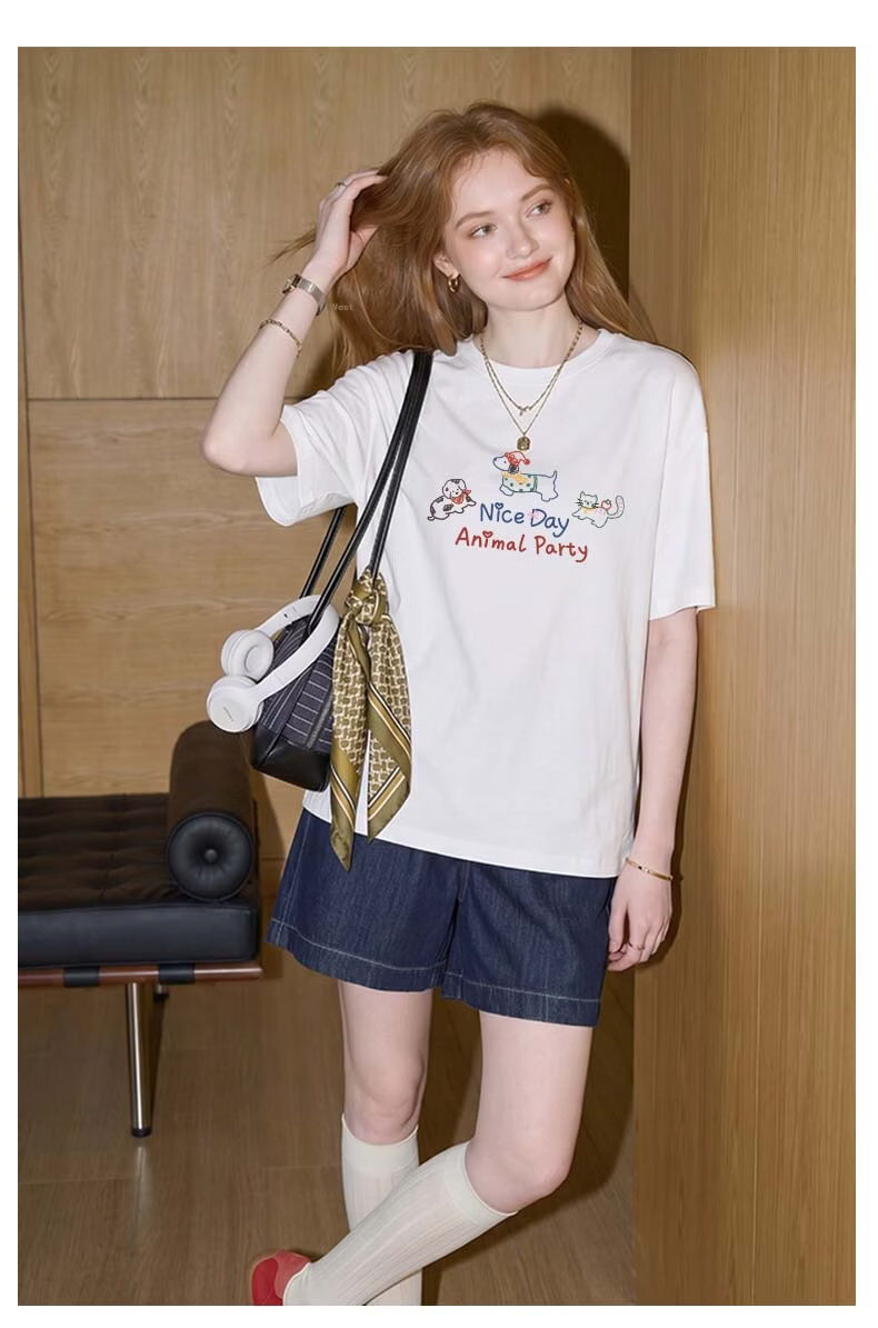 TonLion 100% Cotton Short Sleeve T-Shirt Women Loose Trendy Heavyweight Skin-Friendly Half Sleeve Small Size Basic Crew Neck Tee Women's Wear 14