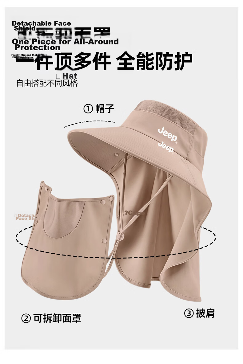 JEEP Men's Summer Sun Protection Face Mask Outdoor Fishing UV Protection Wide Brim Sunshade Bucket Hat 6