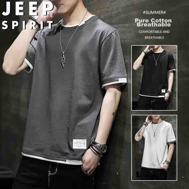 JEEP SPIRIT Men's Short-Sleeve T-Shirt, Summer Half-Sleeve Pure Cotton Casual Undershirt, Round Neck Breathable, Dark Gray, XL