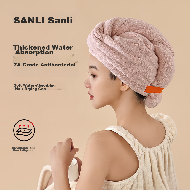 Sanli 7A Antibacterial Quick-Dry Absorbent Soft Extended Large Breathable Wide Opening Open-Back Hair Drying Cap Pink