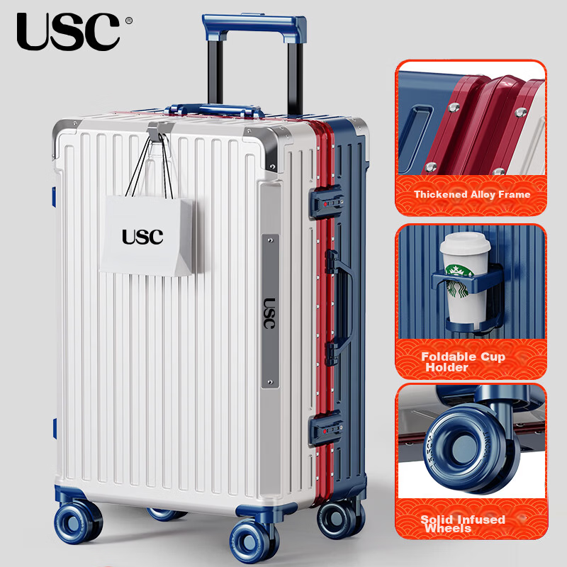USC Multifunctional Women's Luggage Men's 2026 New Infused Wheel Travel Suitcase Durable Aluminum Frame White with Blue 24 Inch