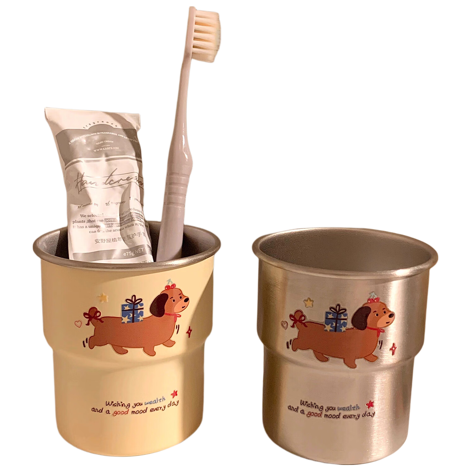 Fanye's Set of 2 Stainless Steel Sausage Dog Mouthwash Cups High-Quality Water Cups for Home Couples Toothbrush Holders