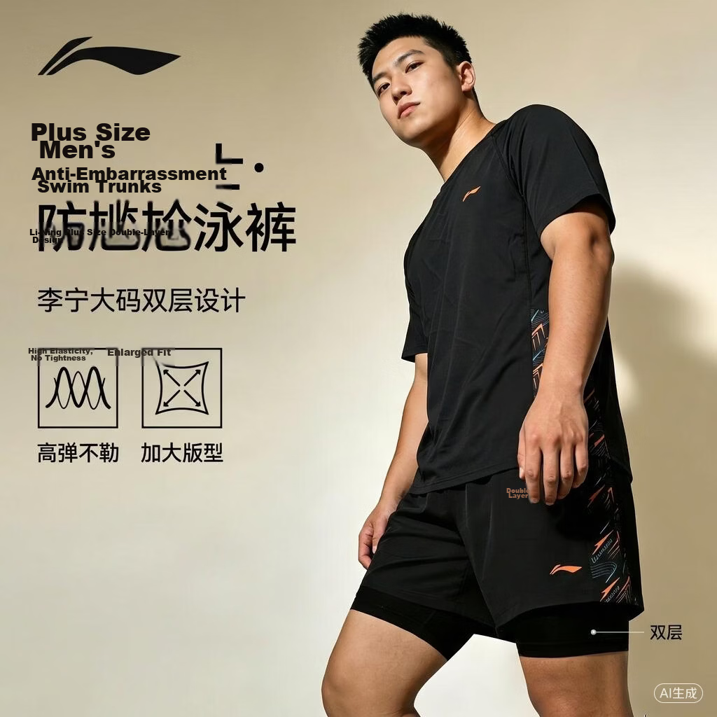 LI-NING Men's Plus Size Swim Trunks Large Size Loose Fit Hot Spring Suit 856 Black 5XL