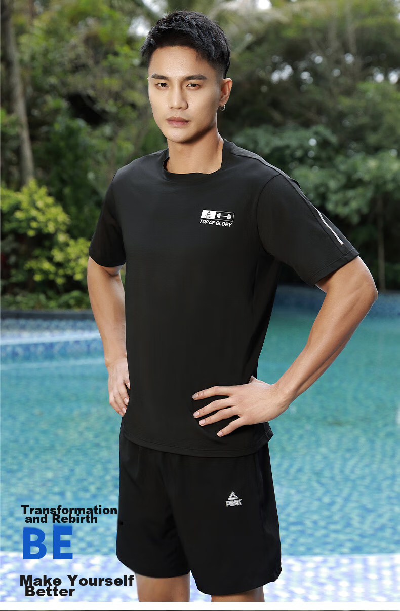 PEAK Men's Sports Set, Quick-Dry Breathable Casual Fitness Short-Sleeve Shorts Two-Piece Set, Black, Size L 2