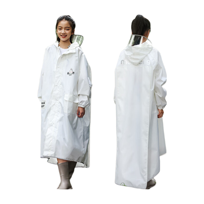 Moremerry Children's Raincoat, for Boys And Girls, Full-Body Waterproof Thickened Poncho, for Students' School Use, Milk White Rabbit Design, Size 5XL