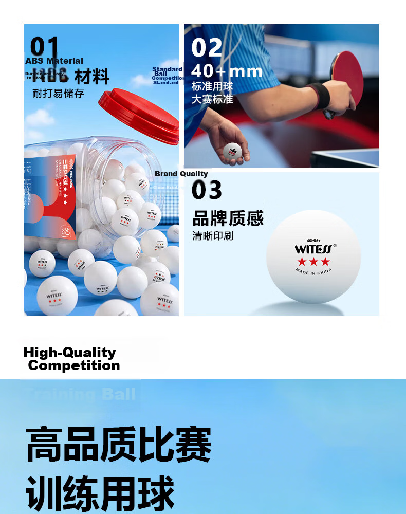 WITESS Table Tennis Training and Competition Balls 60-Pack Bucket 40+ 3-Star ABS White 10