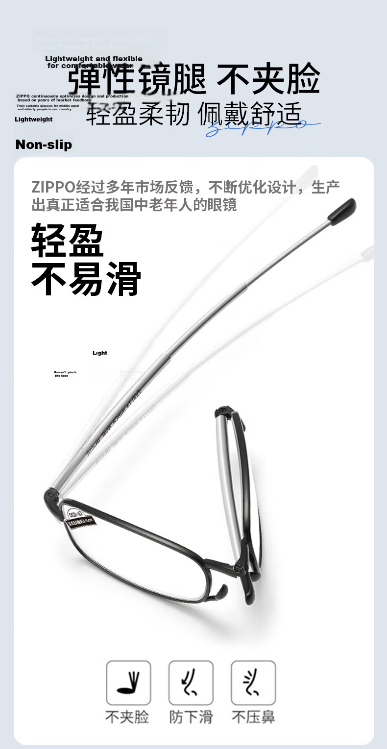 ZIPPO USA Folding Lighter Portable Reading Glasses Imported Lenses Ultra-Light High-Definition Blue Light Blocking Unisex Black 350 Degree 7