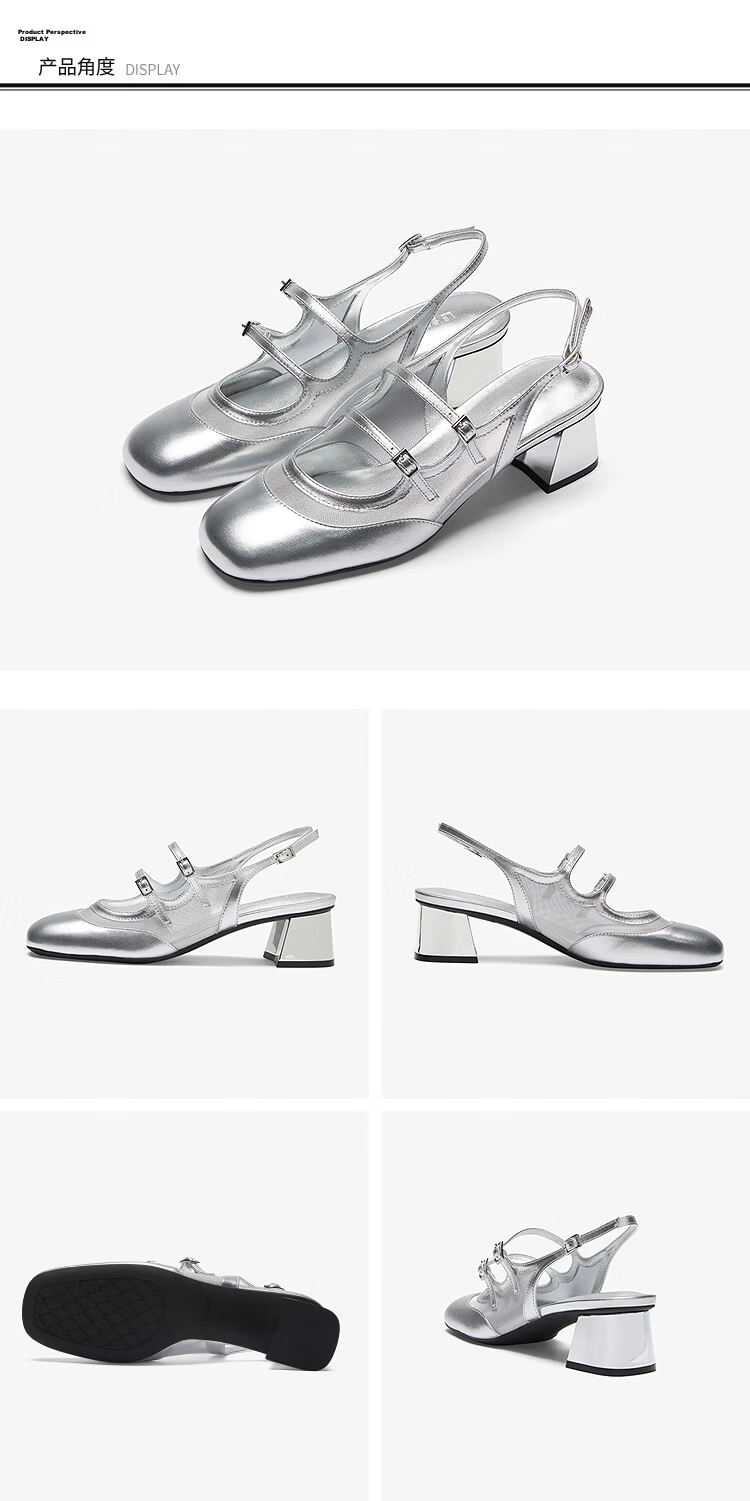 Lairdson Mall Silver Sheepskin Chunky Heel Mary Jane Sandals Women 6M50501 Moonlight Silver SVK 34 7