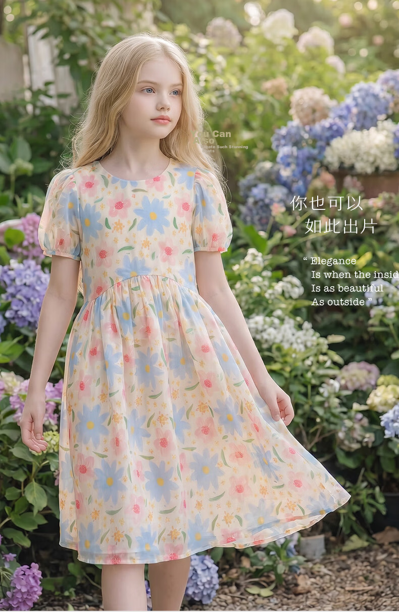 Disney Girls Summer Floral Dress Rural Style Cotton Princess Dress 21A145 Blue Green Size 130 1