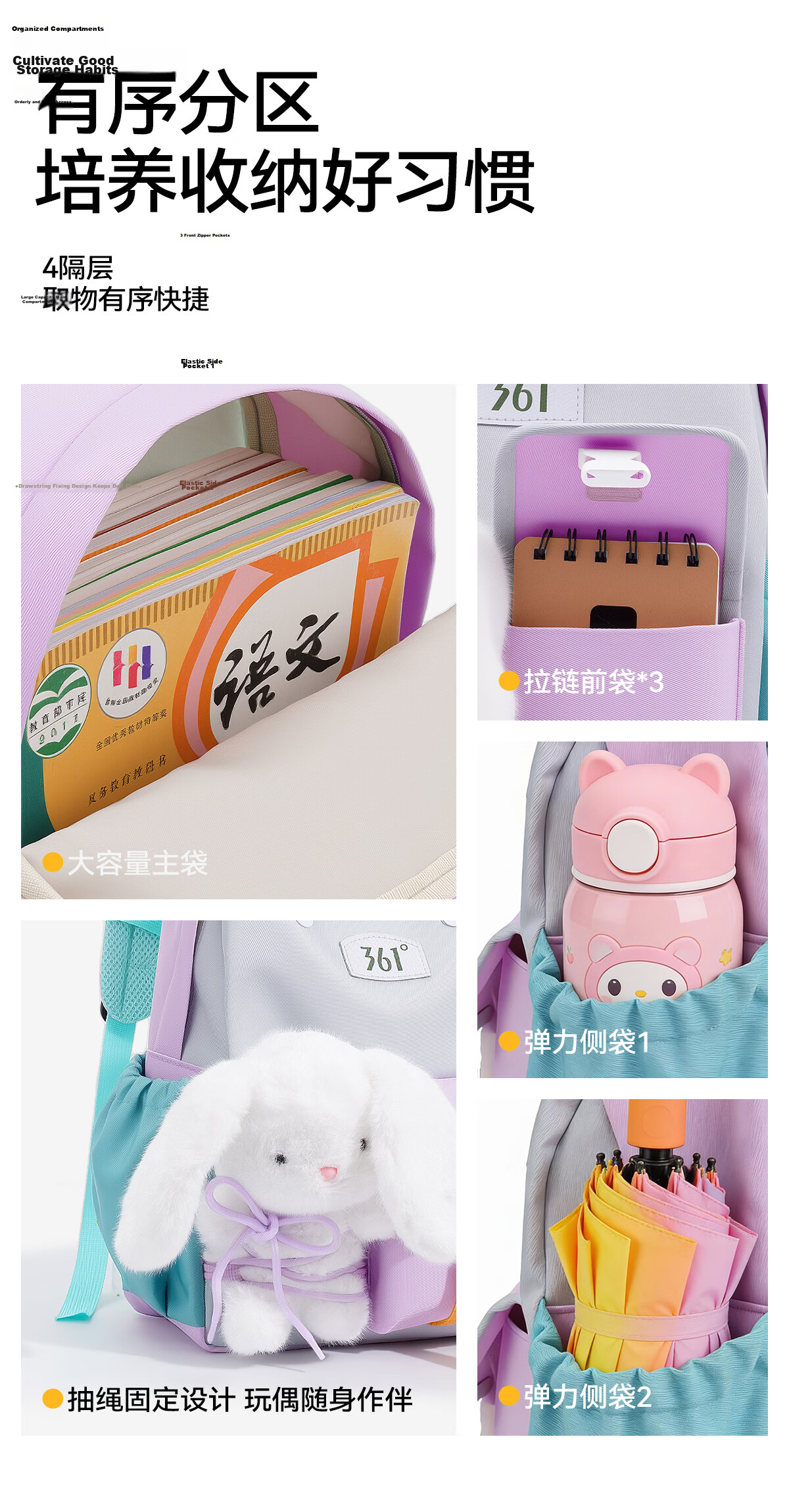 361° Kids School Backpack Elementary Student Spring Outing Lightweight Large Capacity Kindergarten Study Outdoor Travel Bag for Girls 6