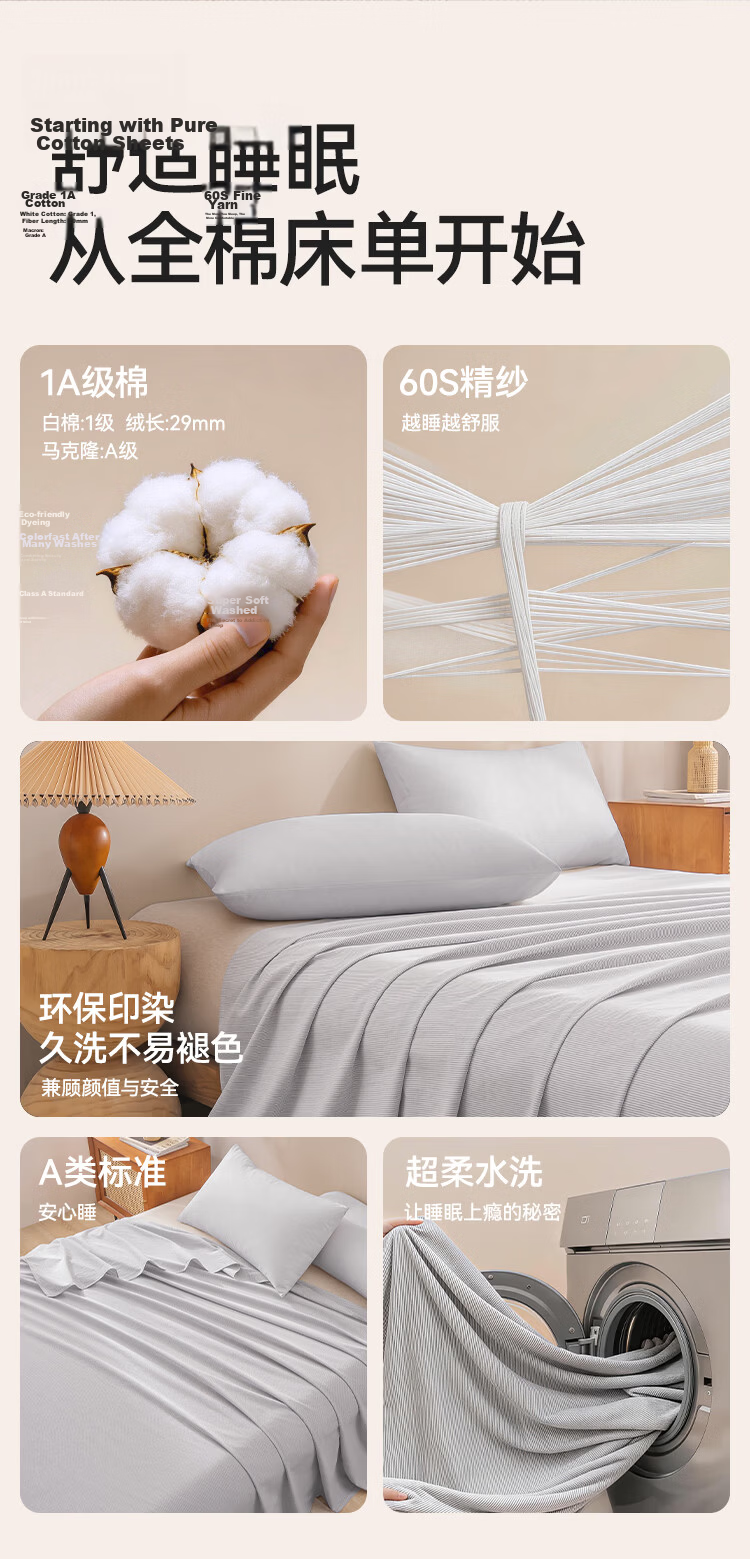 JD Jingzao 100% Cotton Bed Sheet Single Piece, Yarn-Dyed Pure Cotton, Class A Skin-Friendly Bed Cover 200x230cm Gray Stripes 3