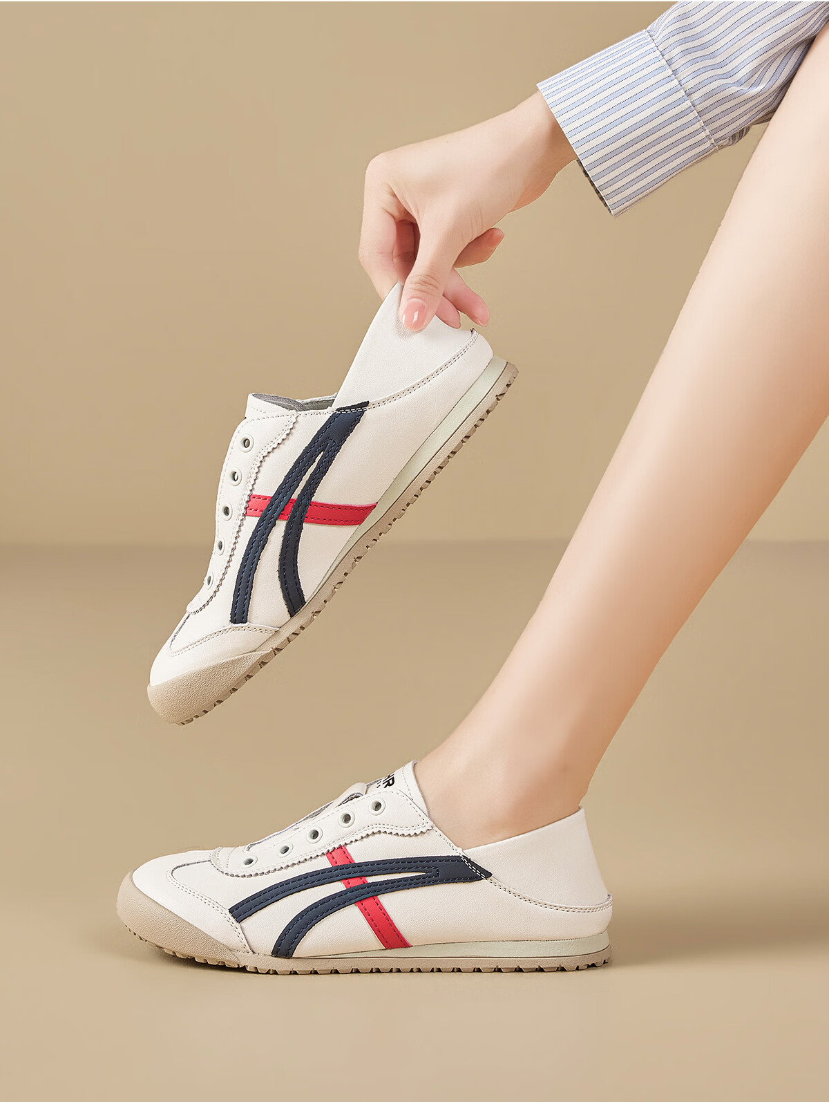 ZHR Dexun Women's Lightweight Flat Sneakers, Slip-On Casual White Shoes, BT103, Beige And Silver, Size 37 6