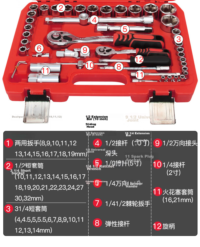 DELIXI ELECTRIC Auto Repair Tool Set 72-Tooth Precision Ratchet Wrench Kit DH-Q53 Socket Household 53-Piece Set 21