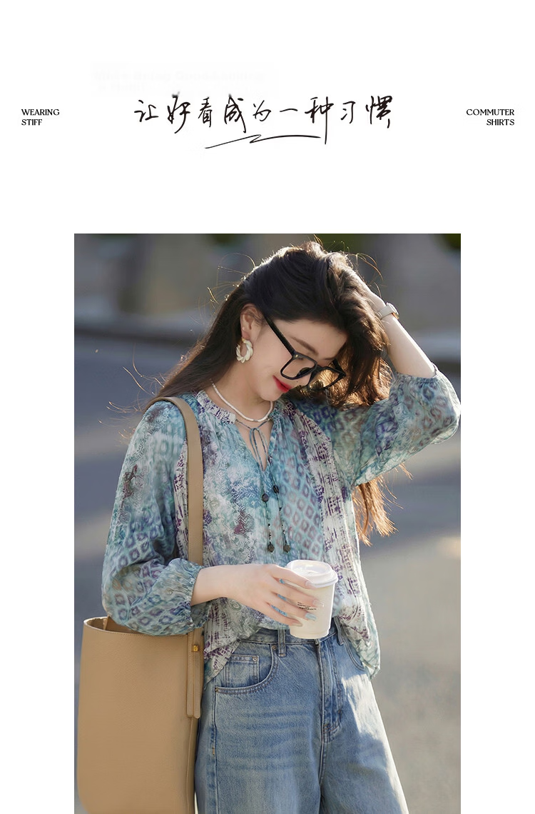 Demana [Lycra] Summer South of France Love Letter V-Neck Tie Printed Six-Sleeve Loose Slim Shirt for Petite Women 9