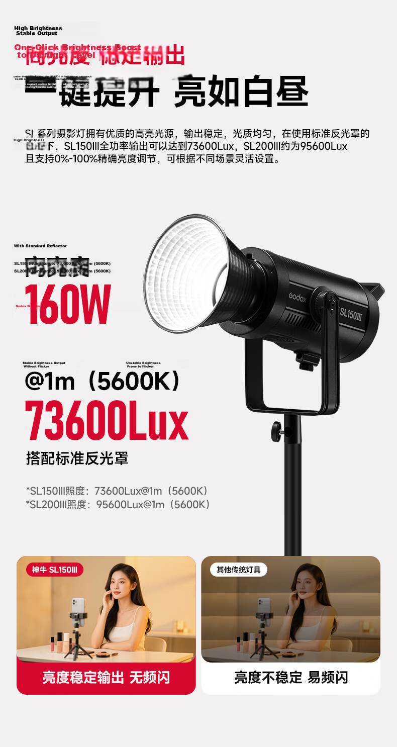 Godox SL300IIIw III Generation Live Streaming Fill Light Photography Continuous Light Beauty Light Recording Photo Studio Continuous Light Children's Photography Top Light 6