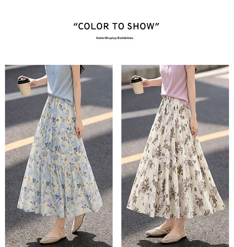Awakening Paradise 26 Summer Fashion Retro High-Waist Floral Midi Skirt Vacation Style Elegant Long Skirt Blue One Size 2