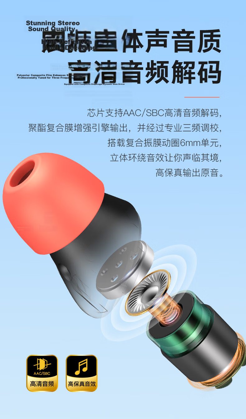 EMEY T5Pro [New Upgrade] True Wireless Bluetooth Earbuds In-Ear Music Sports Gaming Calling Noise Reduction Long Battery Life Compatible with Apple Xiaomi Huawei Honor Basketball 5