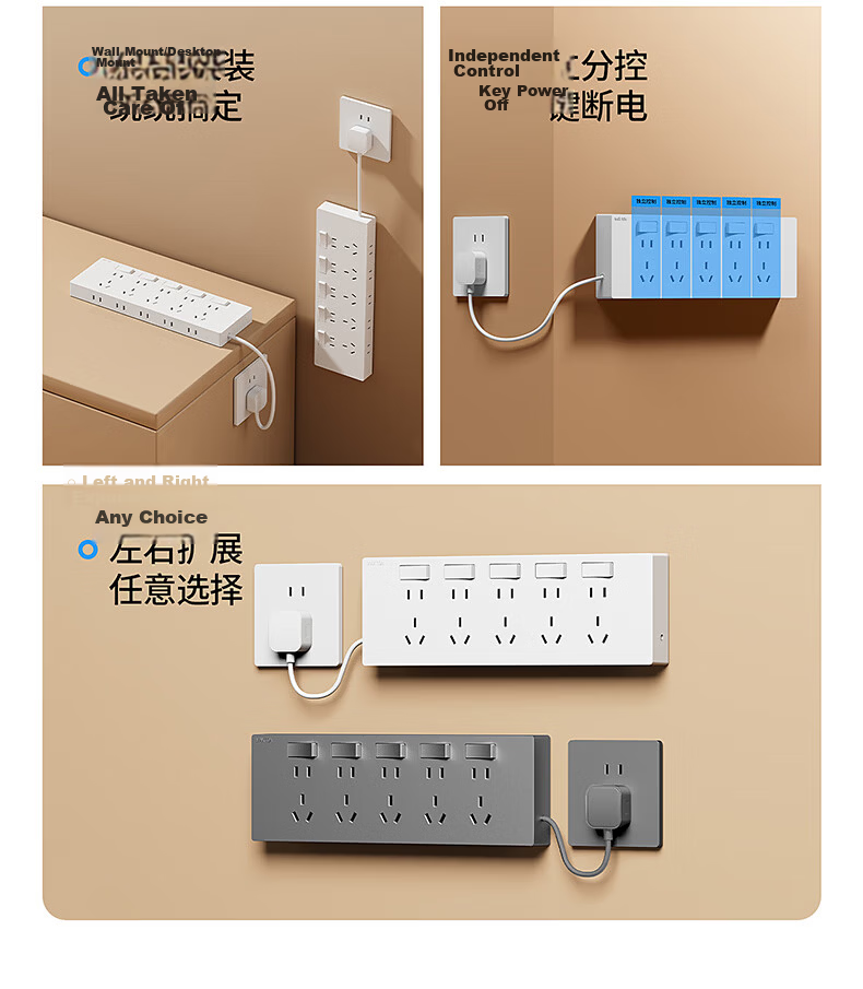 International Electrician 86-Type Surface-Mounted Multi-Port Controlled Extension Socket Panel with Cable Power Strip for Kitchen and Sideboard 3