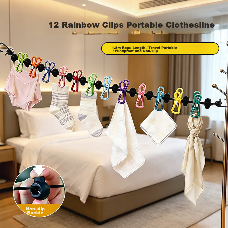 JAJALIN Travel Clothesline with Non-Slip Clips, Heavy-Duty Portable Laundry Rope for Home and Outdoor Use, 12 Clips
