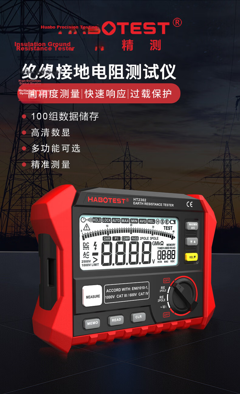 HABOTEST HT2302 Ground Resistance Tester Megohmmeter Electrician Insulation Resistance Tester 1