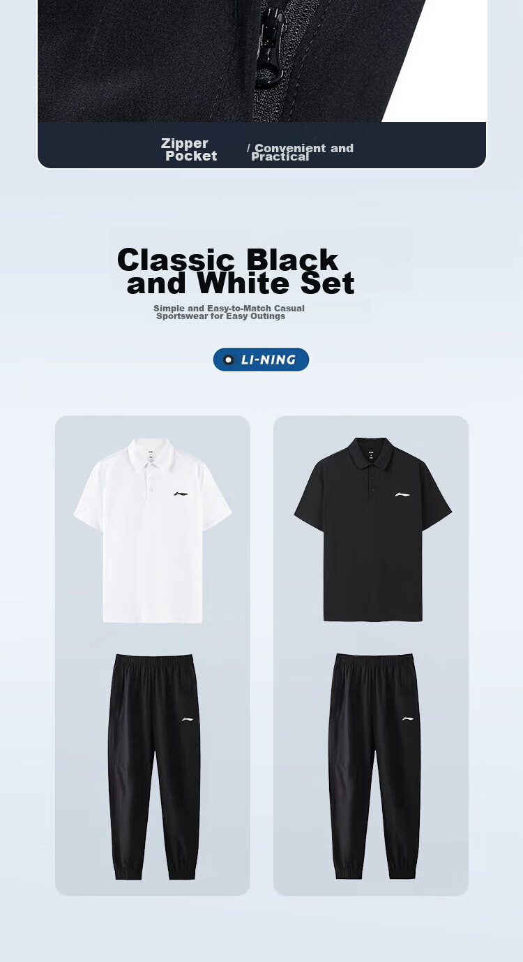 Li-Ning Men's Summer New Loose Breathable Polo Two-Piece Sportswear Running Fitness Set 8