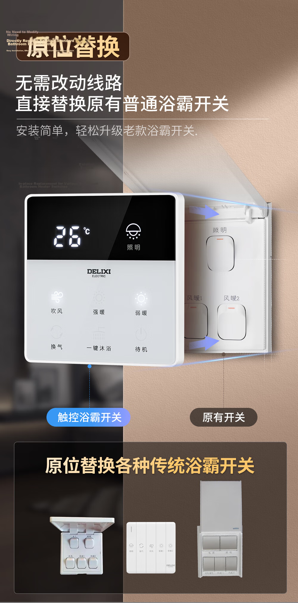 DELIXI Bathroom Heater Switch, Universal 86-Type Multi-Function Bathroom Switch Panel, Five-Gang Flip Cover White 3