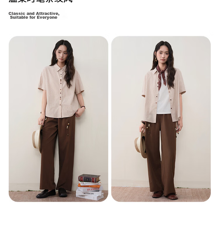 Giordano Designer Women's Cotton Striped Irregular Button Loose Lapel Short Sleeve Shirt 18346712 6