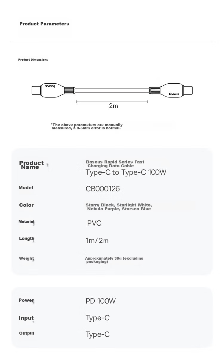 Baseus Dual-Head Type-C Charging Cable PD 100W Super Fast Charge Data Cable for Huawei Honor Xiaomi Apple iPhone 17/16/15 iPad Laptop Car Use 2m Blue 20