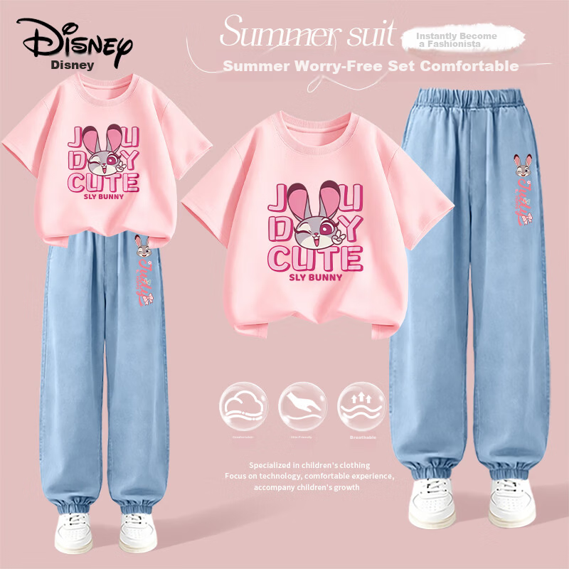 Disney Girls Summer Outfit Short Sleeve Tencel Jeans Winking Judy Pink + Judy Bunny Light Blue 140