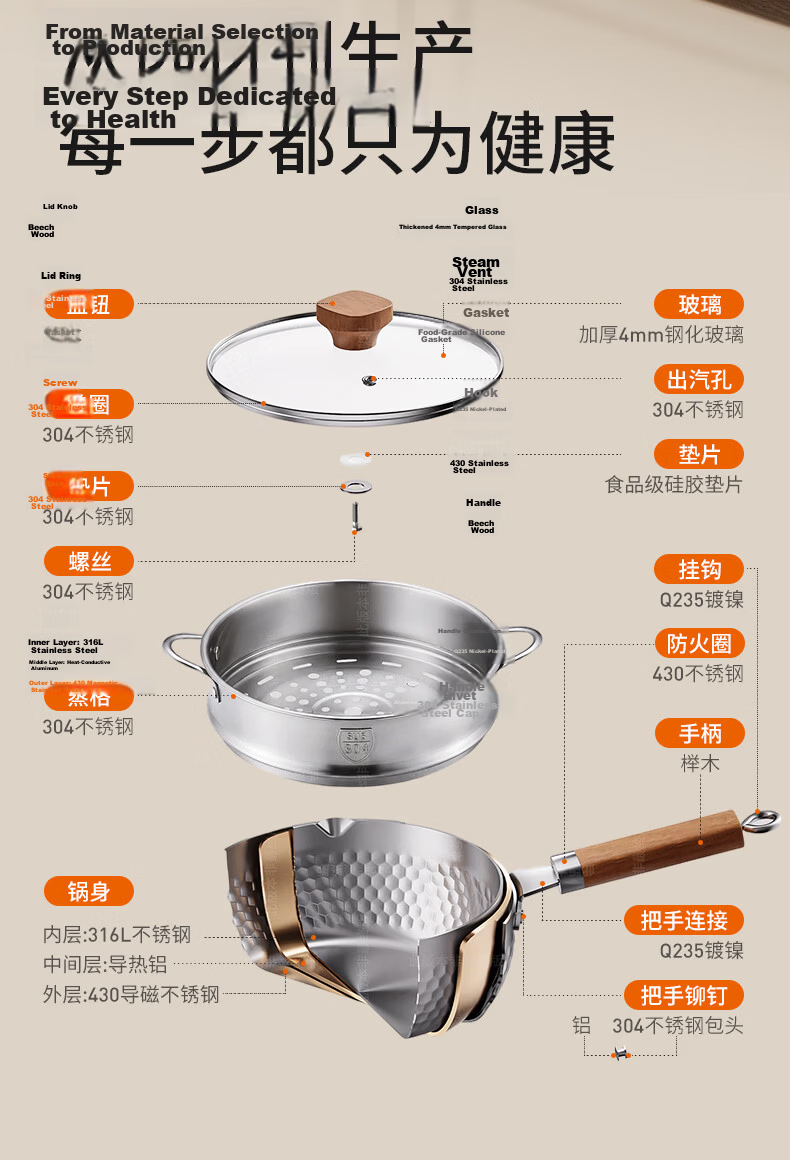 Joyoung Snow Pan Baby Food Pot Small Milk Pot 316L Stainless Steel Non-Stick Pan Breakfast Noodle Pot Steamer Soup Pot 19