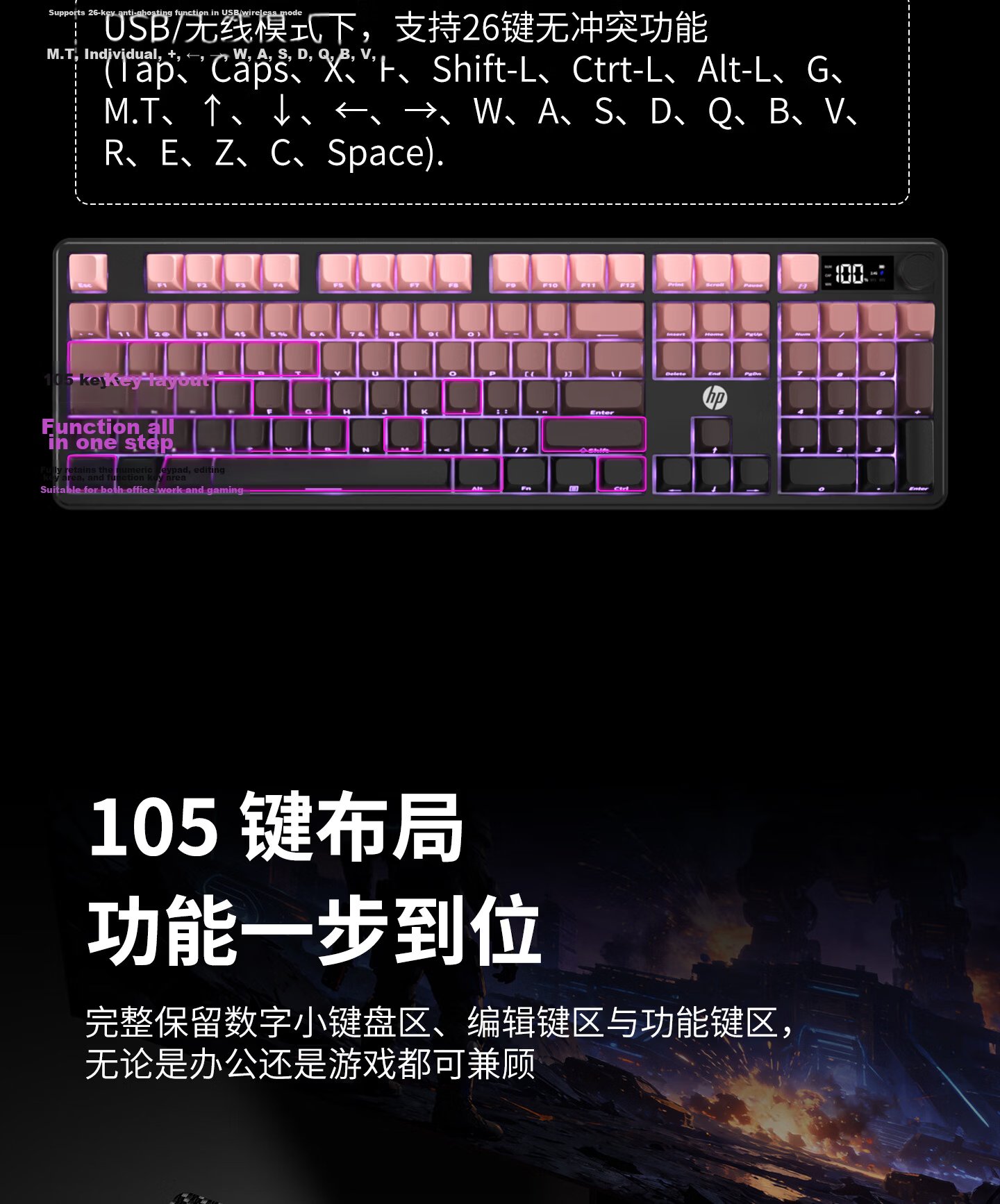 HP K160 Wireless Keyboard Wired Bluetooth Tri-mode Silent Mechanical Feel with Screen Multifunctional Knob Office Gaming E-sports Desktop Laptop Peach Pink 8