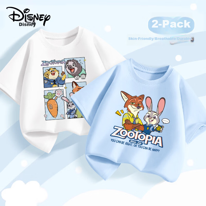 Disney Boys' T-Shirts 2-Pack Summer New Pure Cotton Short Sleeve Rabbit Fox Partner Blue + Zootopia White Size 110