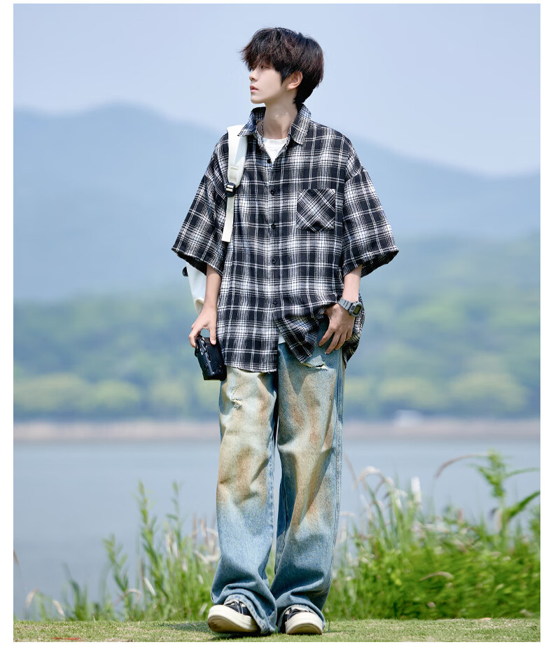 CLOR Men's Plaid Long Sleeve Shirt Spring Autumn Ins Loose Casual Retro Jacket CLCX10 Black 2XL 14