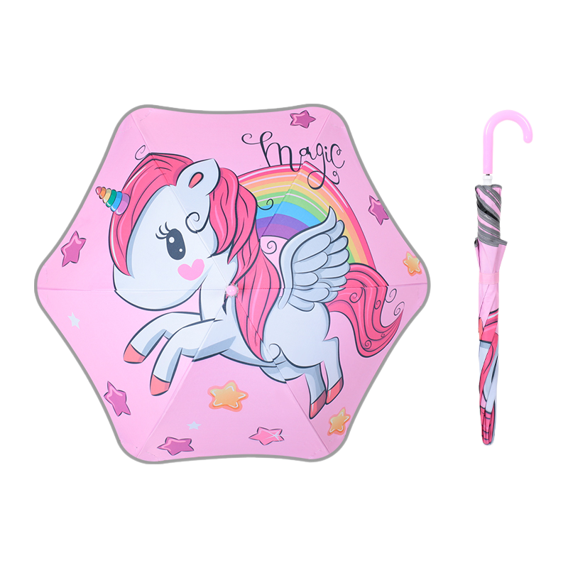 C'mon Kids Long Handle Straight Umbrella Black Coating Sun Protection Cute Safe Elementary Kindergarten Sky Horse